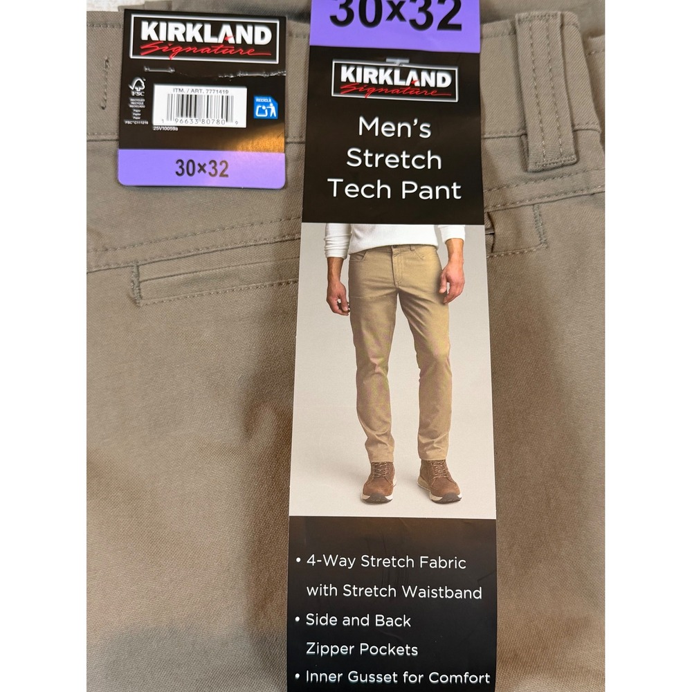 Kirkland Signature Mens Stretch Tech Pant 30x32 Khaki Water Resistant UPF 50+